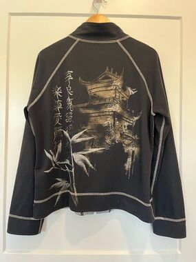 Y2K 90s Vtg Art To Wear Scenic Chinese Pagoda Bamboo Print reversible jacket L